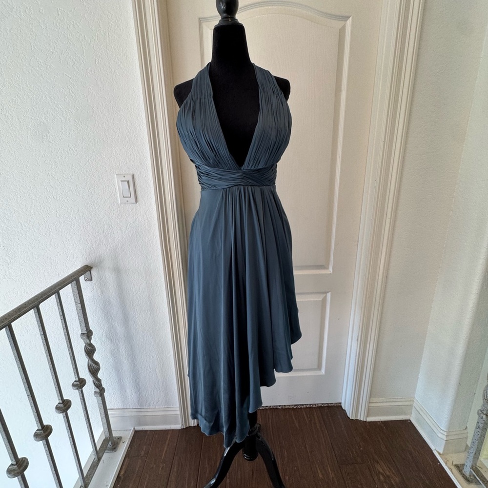 🦄 Mac Duggal Sz 2 Ocean Halter Neck Dress with Slanted High/ Low Hemline SAMPLE